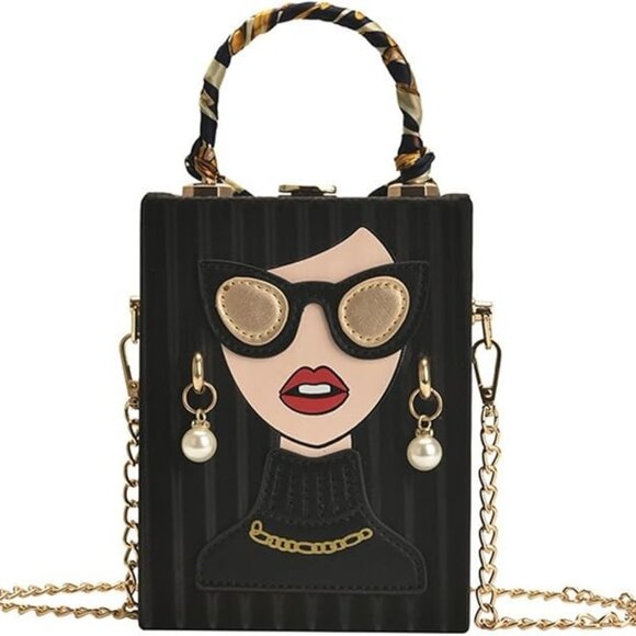 Chic Fashion Lady Face Trendy Box Handbag w/Pearl Earrings, Scarf Twilly Handle - Picture 6 of 10